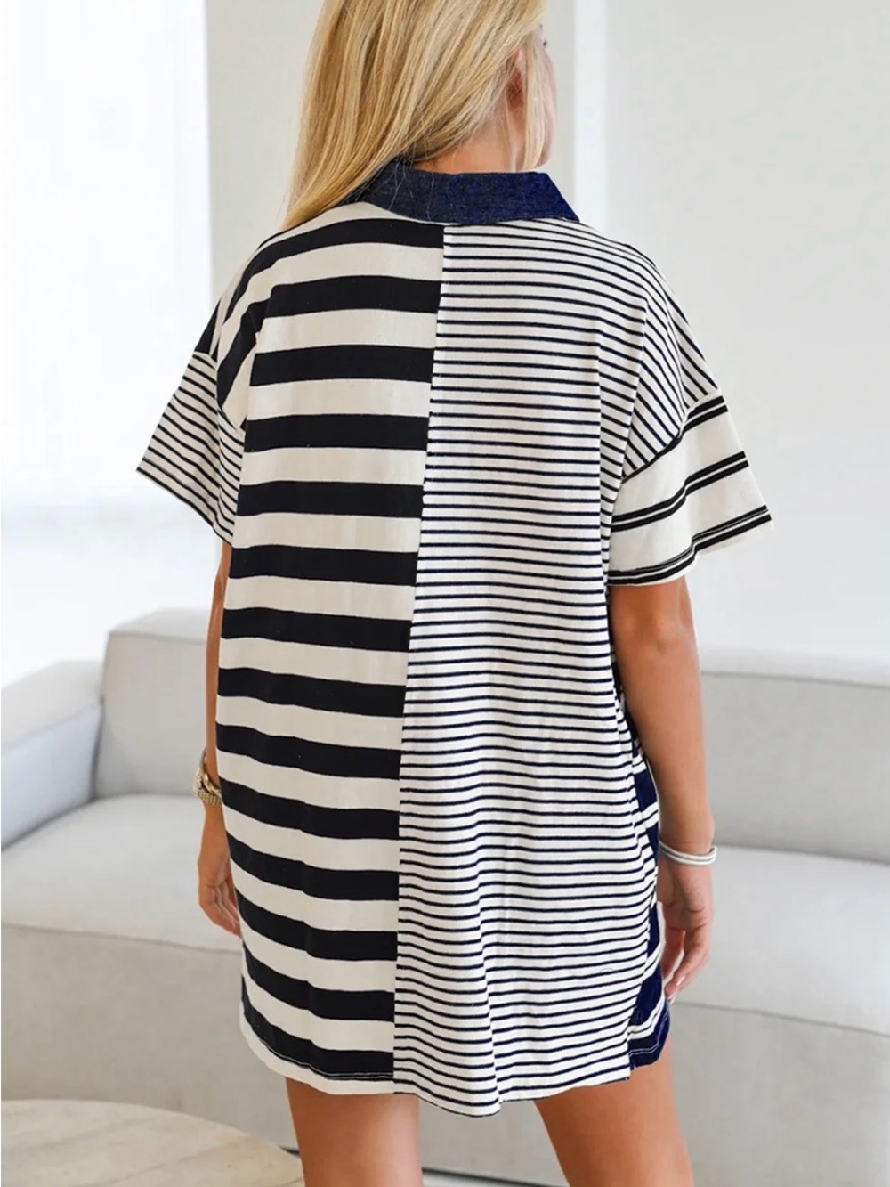Sky to Moon dark navy Stripe Half Placket Polo T-Shirt Dress size Small - Picture 2 of 12